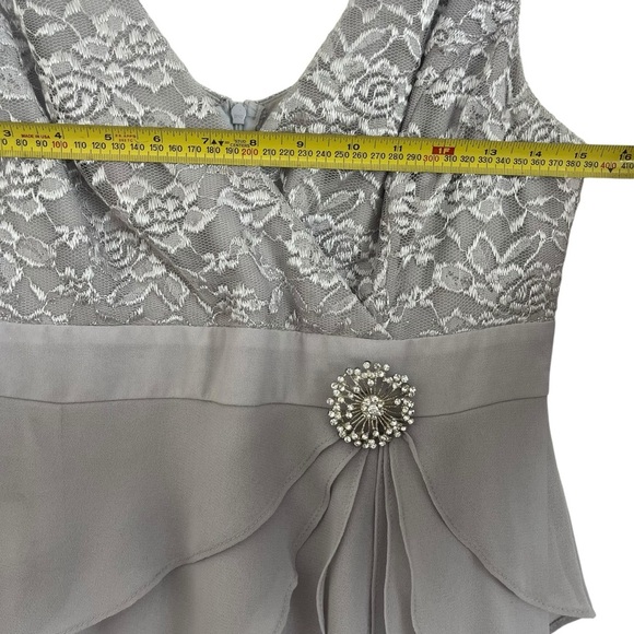 Silver Lace Chiffon Dress S Glam Formal Gown w/ Brooch Mother of the Bride Prom - Picture 9 of 16